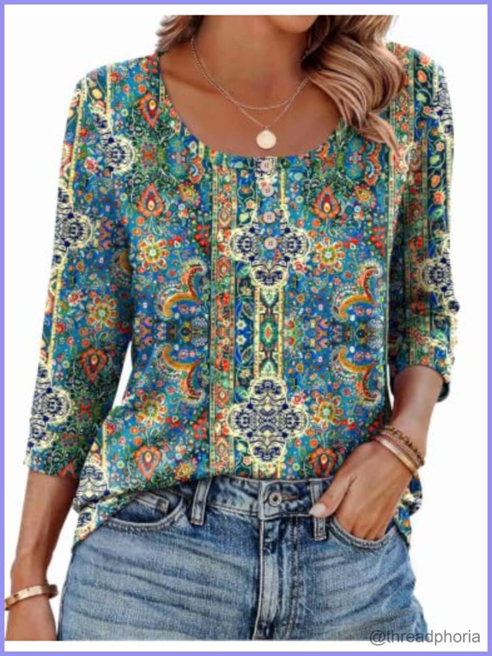 Womens 3/4 Sleeve Blouse Scoop Neck Henley Casual Tunic Top